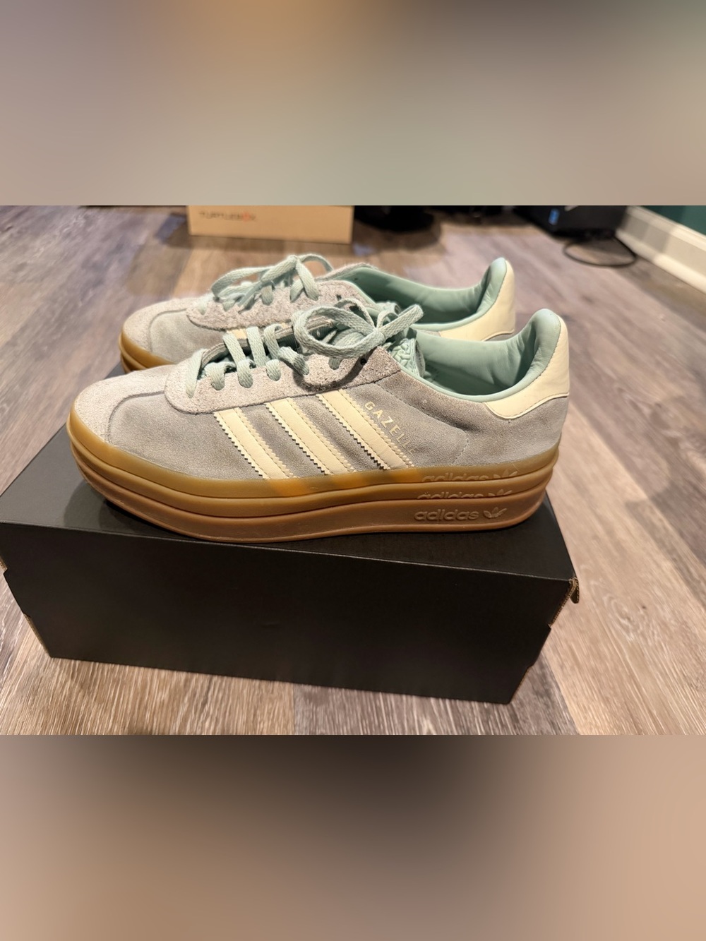 adidas Gazelle Platform Sneakers in Mint Green and Cream with Gum Sole